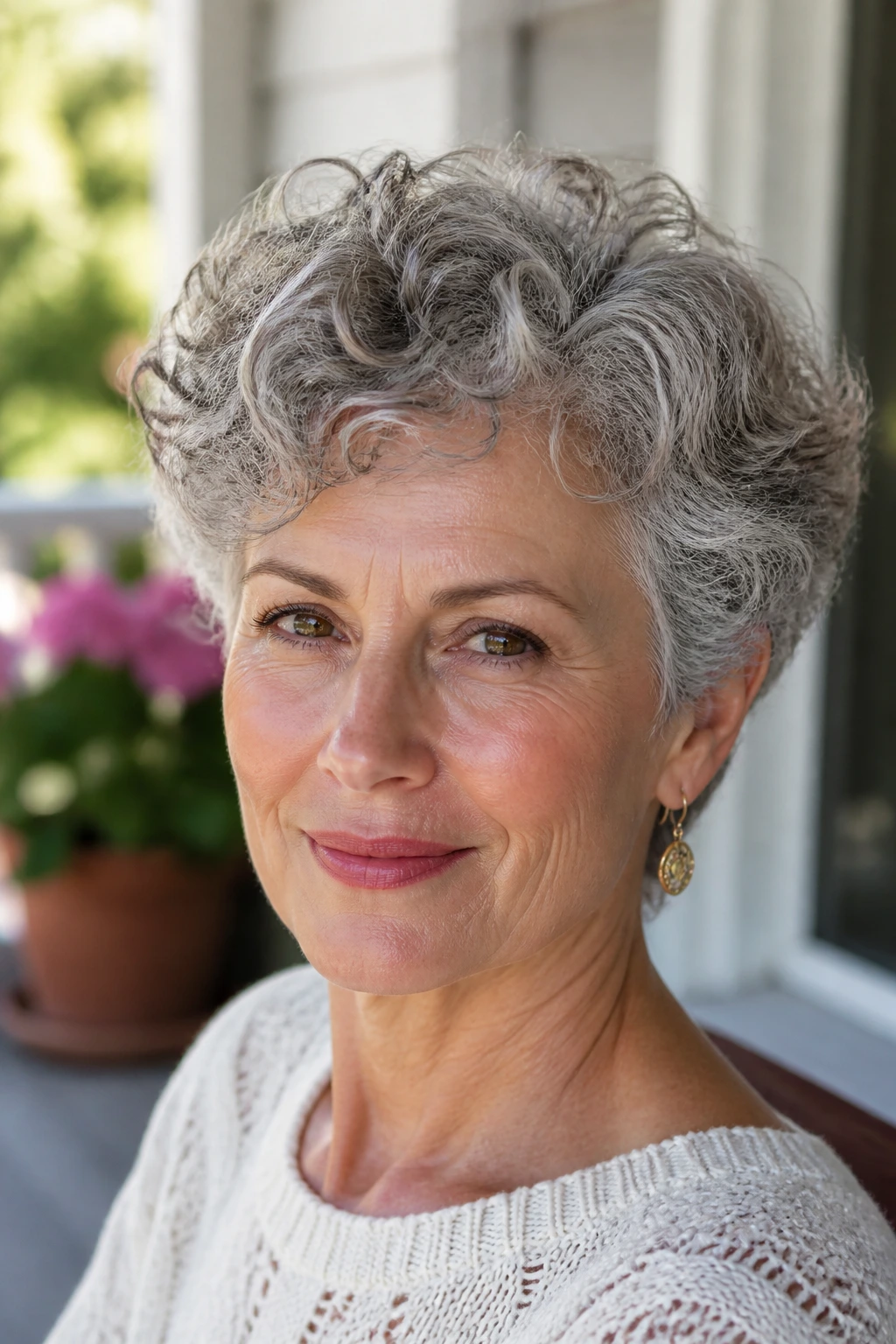 Close-up portrait of a real woman with a short curly crop and silver curls in a sunlit garden.