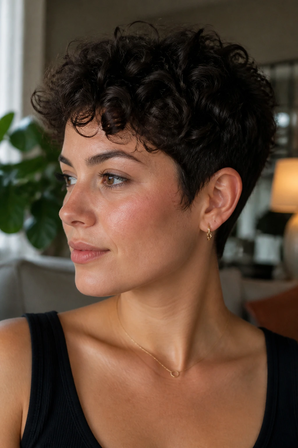 Close-up of a real woman with a curly crop and defined curls in soft light.