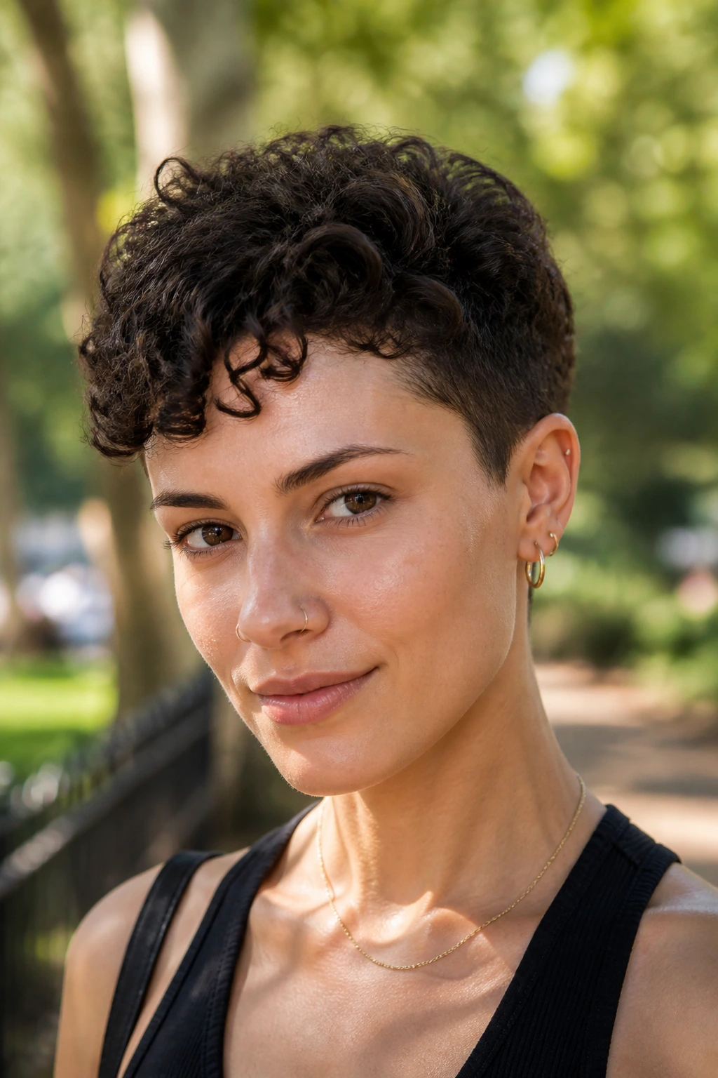 Close-up portrait of a person with a curly crop haircut in a sunlit park