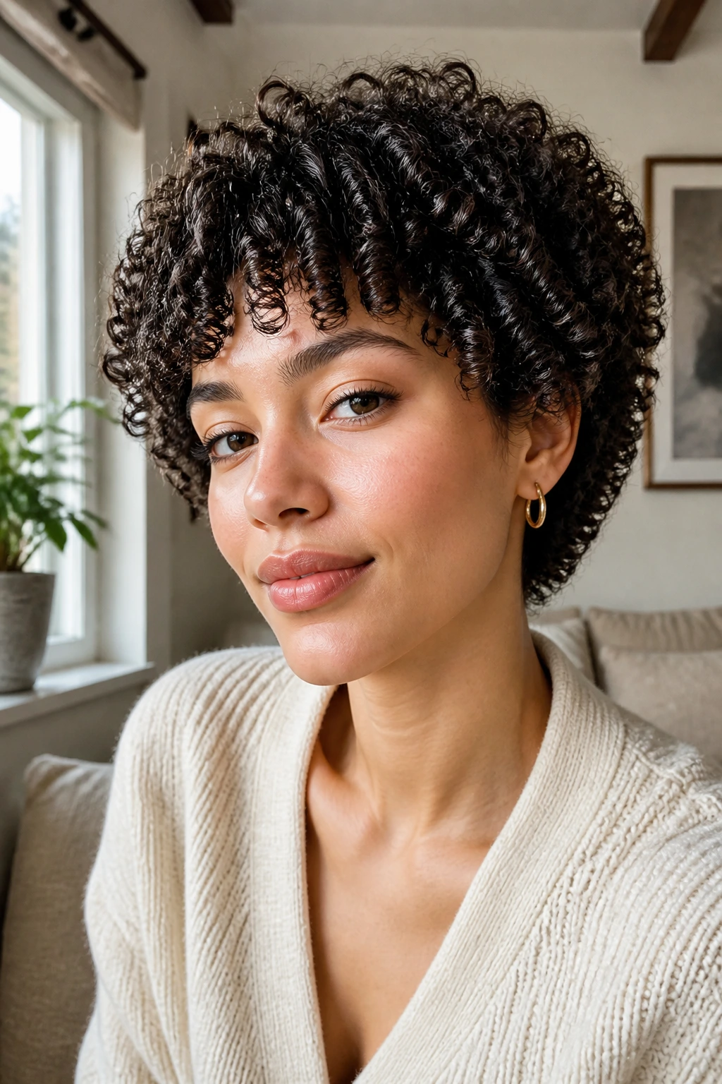 Close-up of a real person with a curly cropped haircut in natural daylight