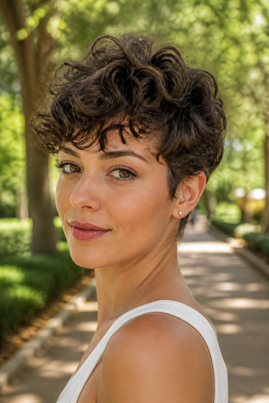 Close-up of real woman with curly crop hairstyle in park lighting