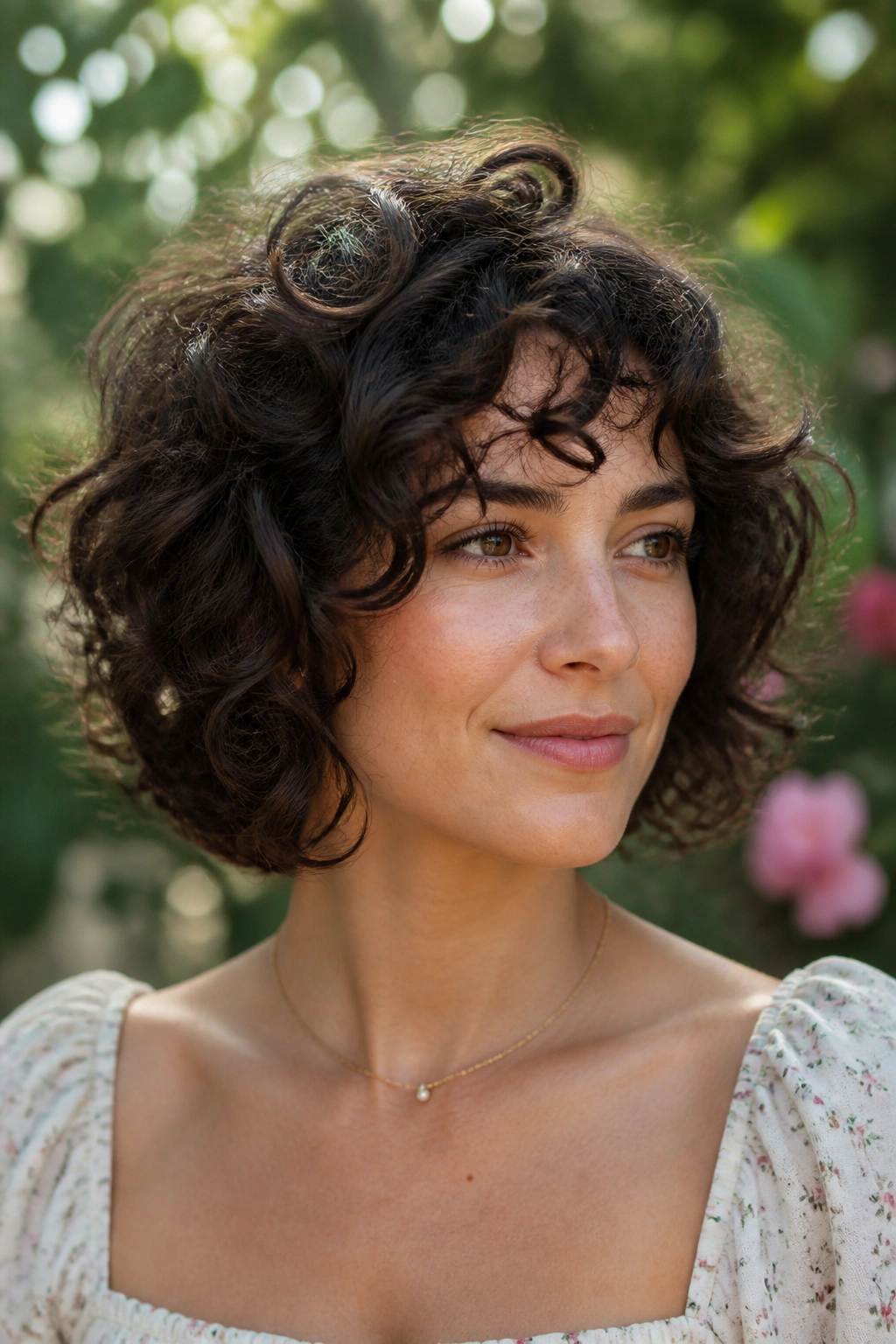 Close-up of real woman with curly crop and round layers