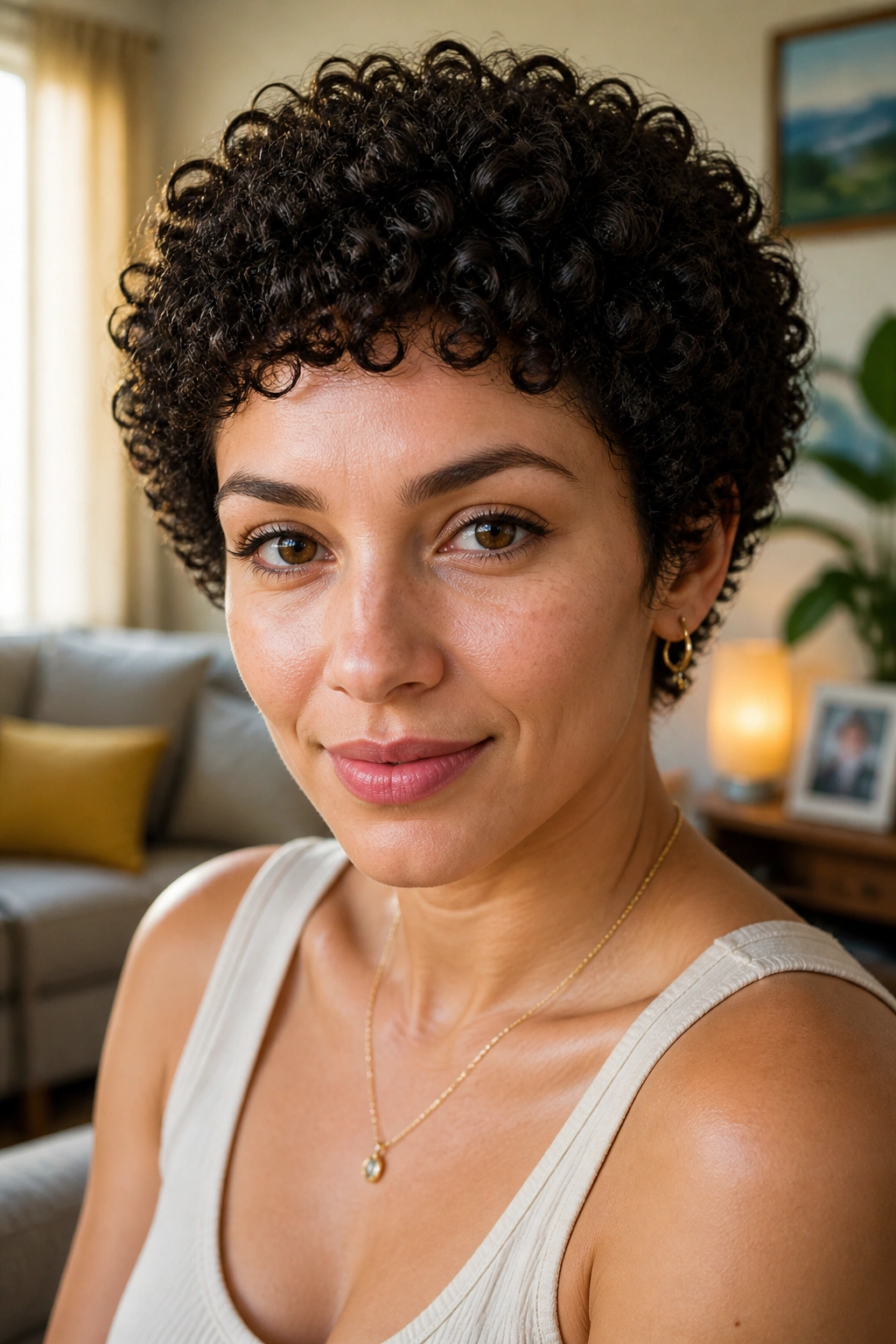Close-up of a woman with a rounded curly crop in soft warm light