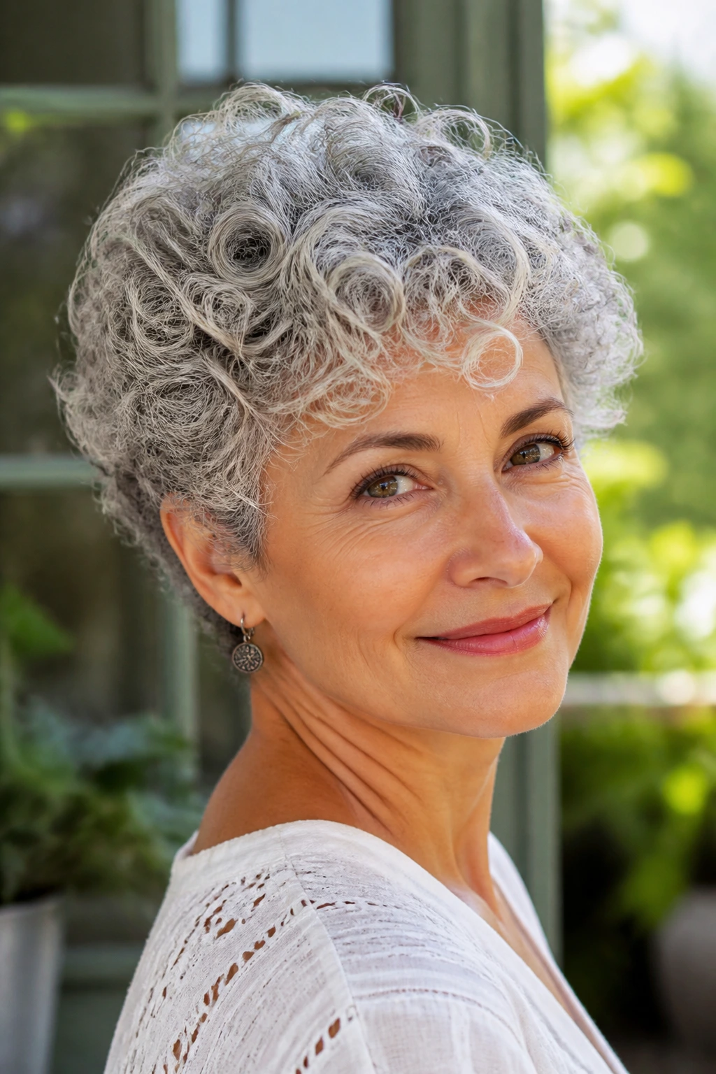 Close-up of a real woman with a curly rounded crop