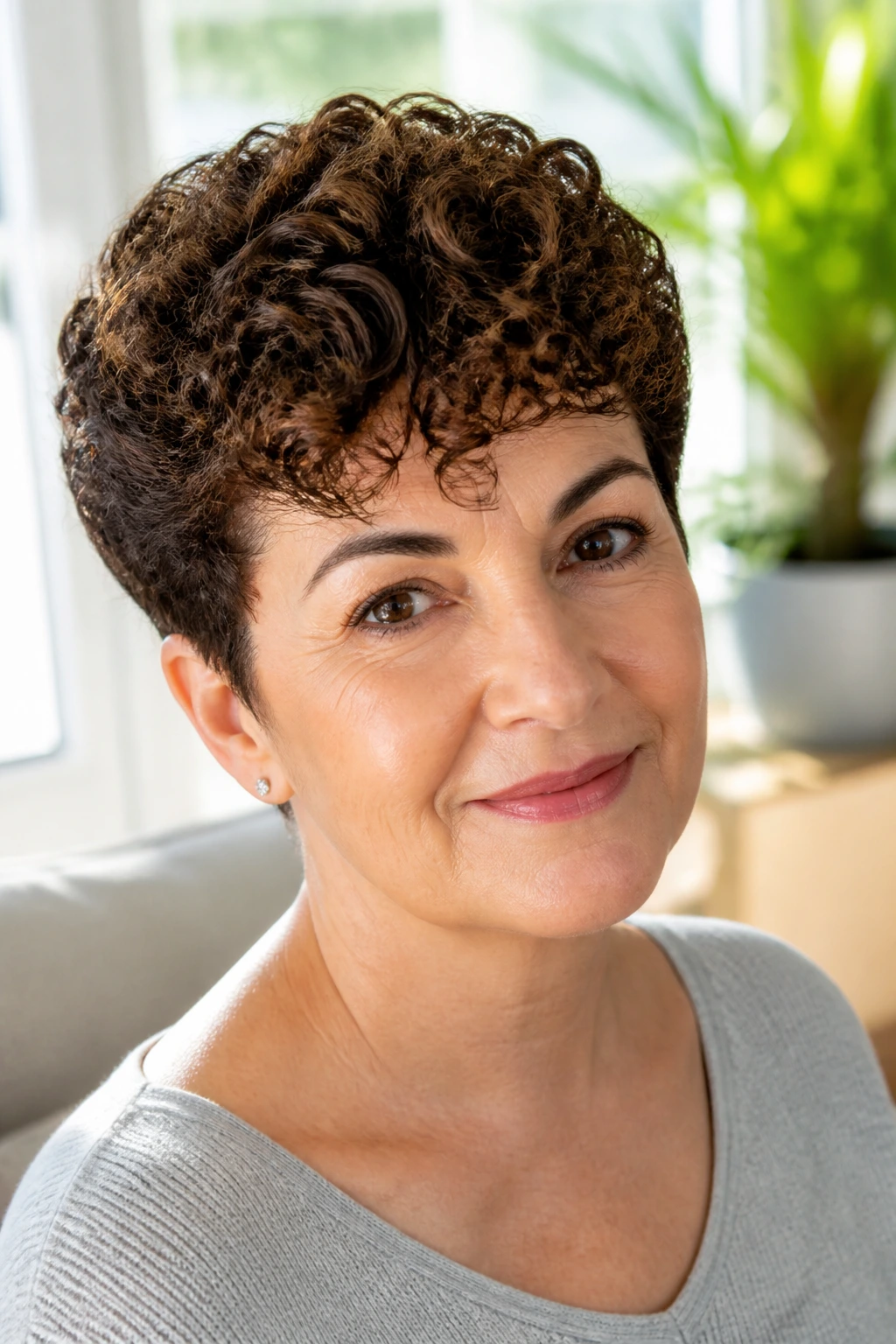 Close-up portrait of a real person with a curly crop and rounded silhouette