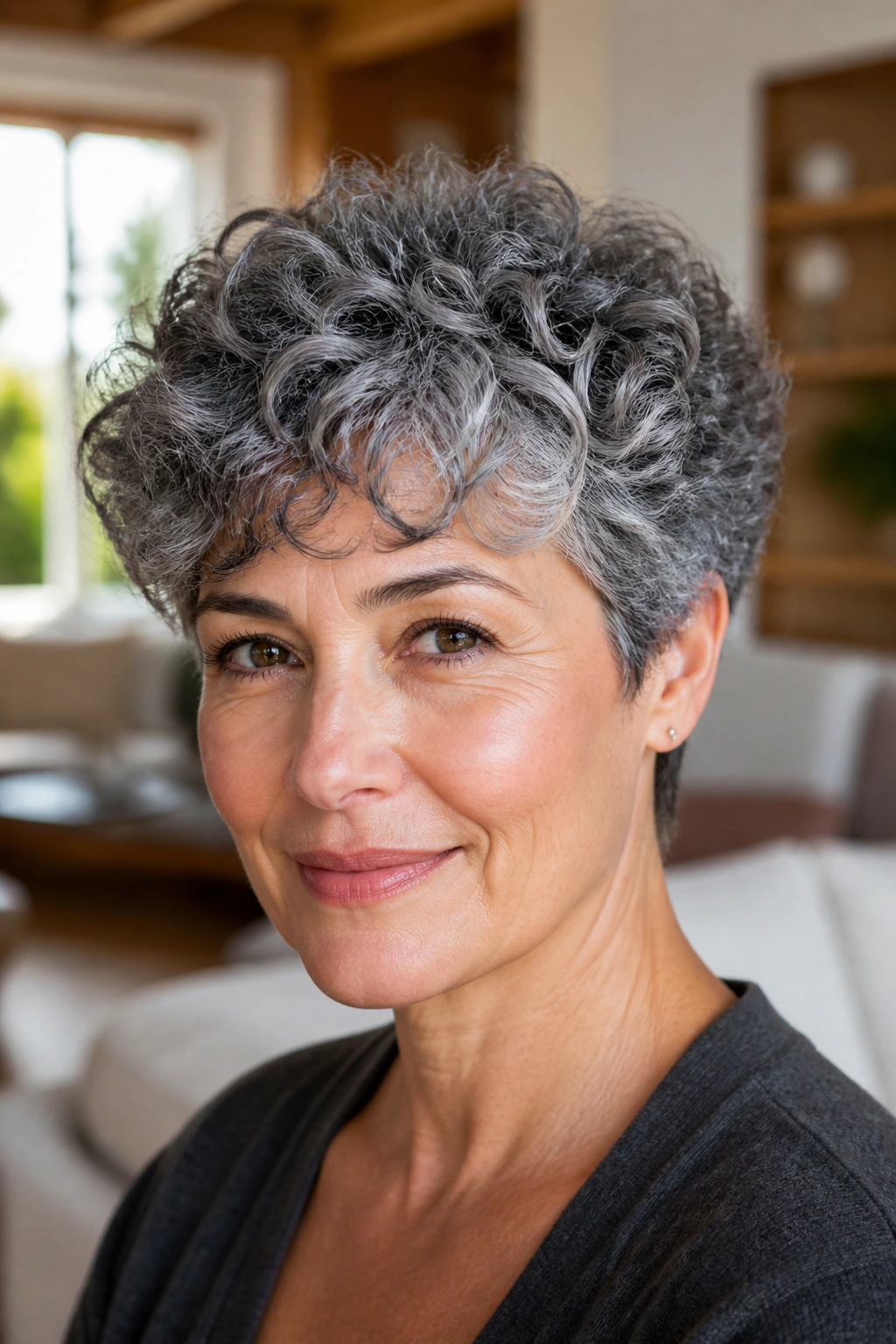 Portrait of a real woman with salt-and-pepper curls in a rounded curly crop.