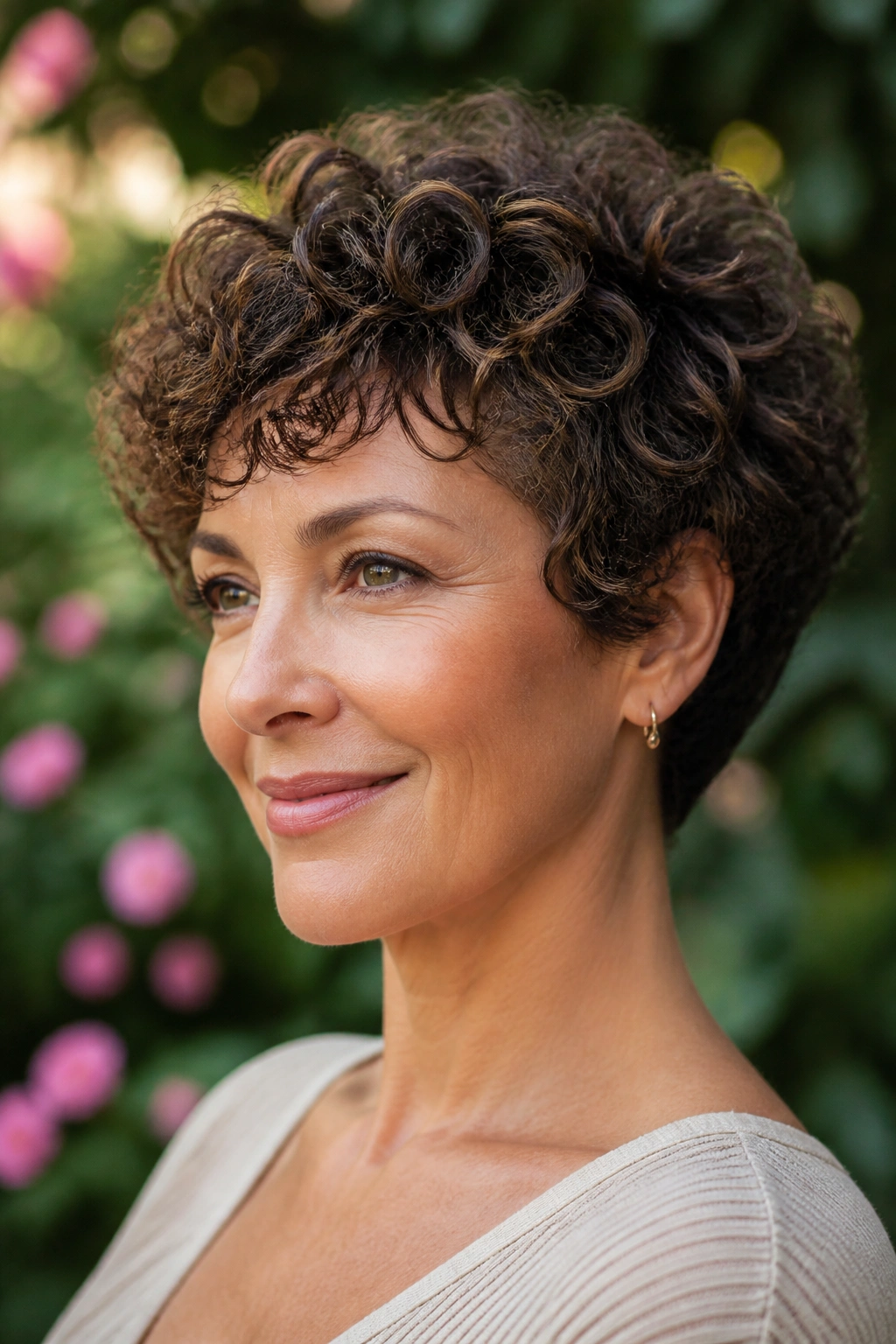 Close-up of a real woman with a rounded curly crop in a sunny garden setting
