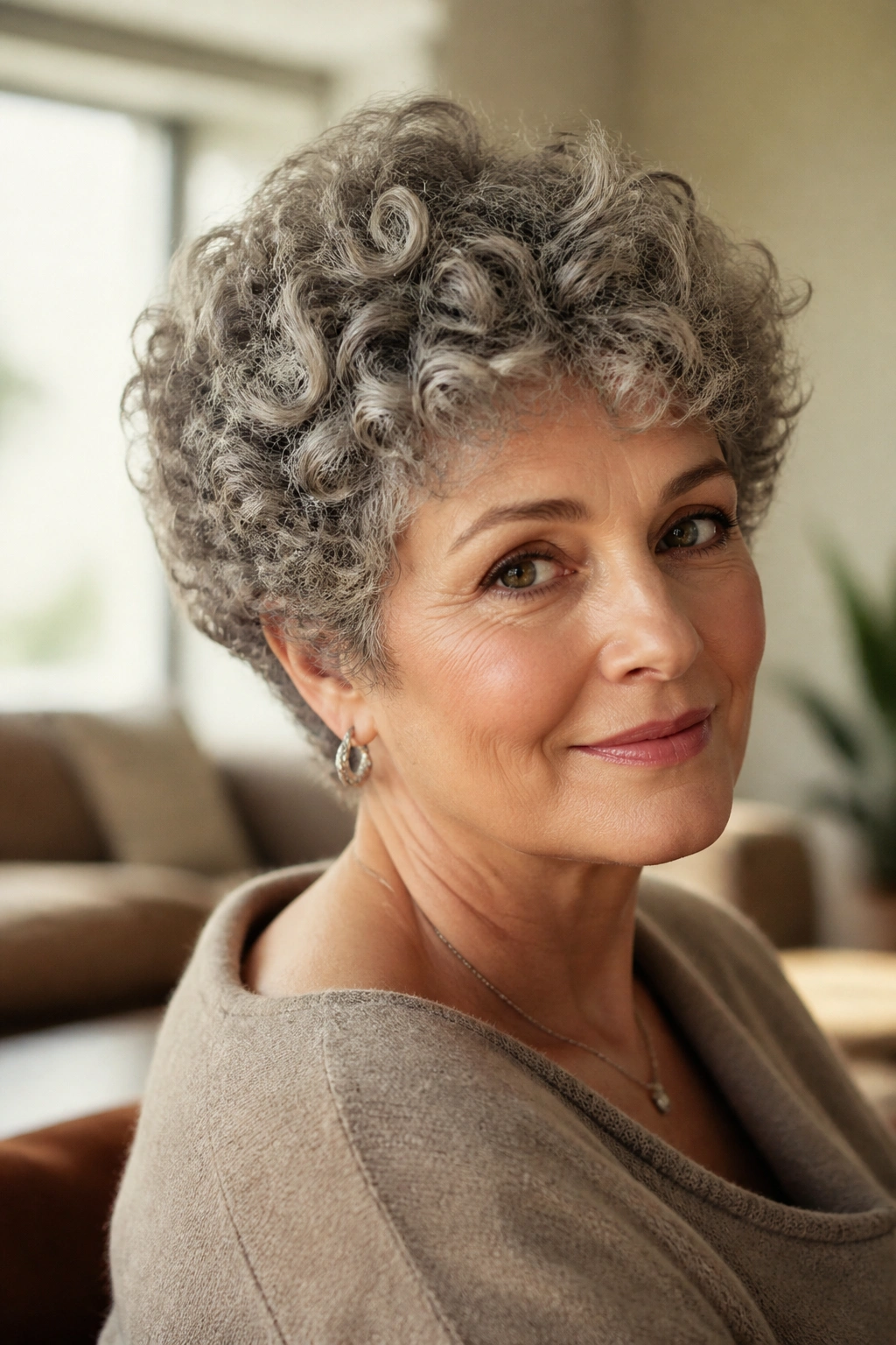 Close-up of a real woman with a rounded curly crop and gray curls.