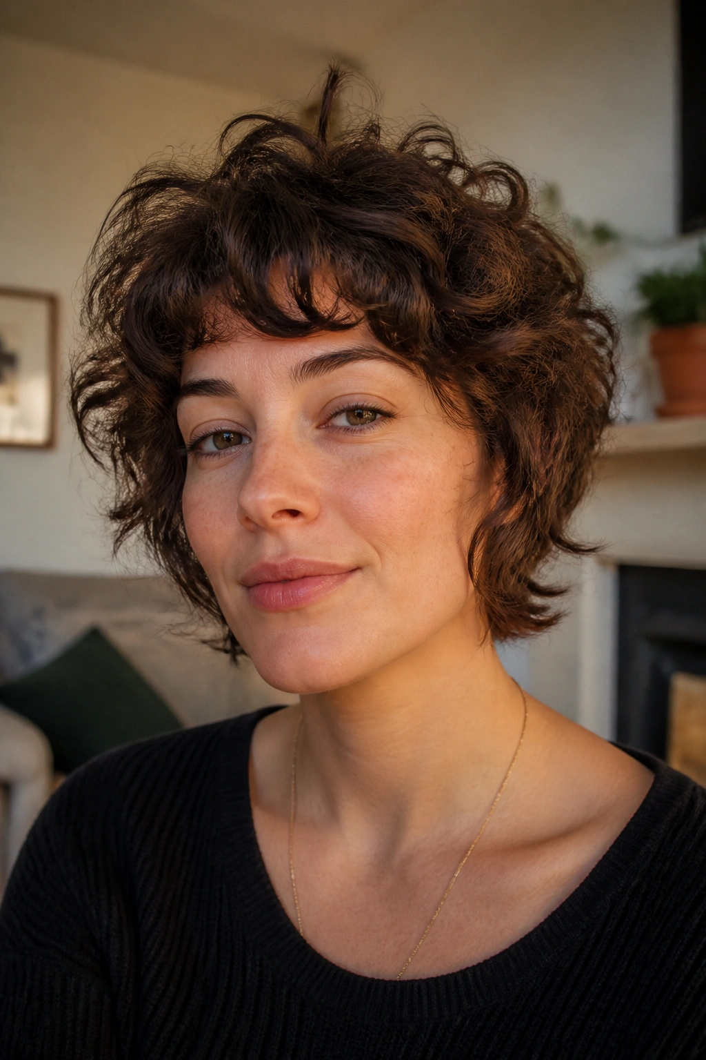 Close-up portrait of a person with Curly Crop Shag featuring springy curls