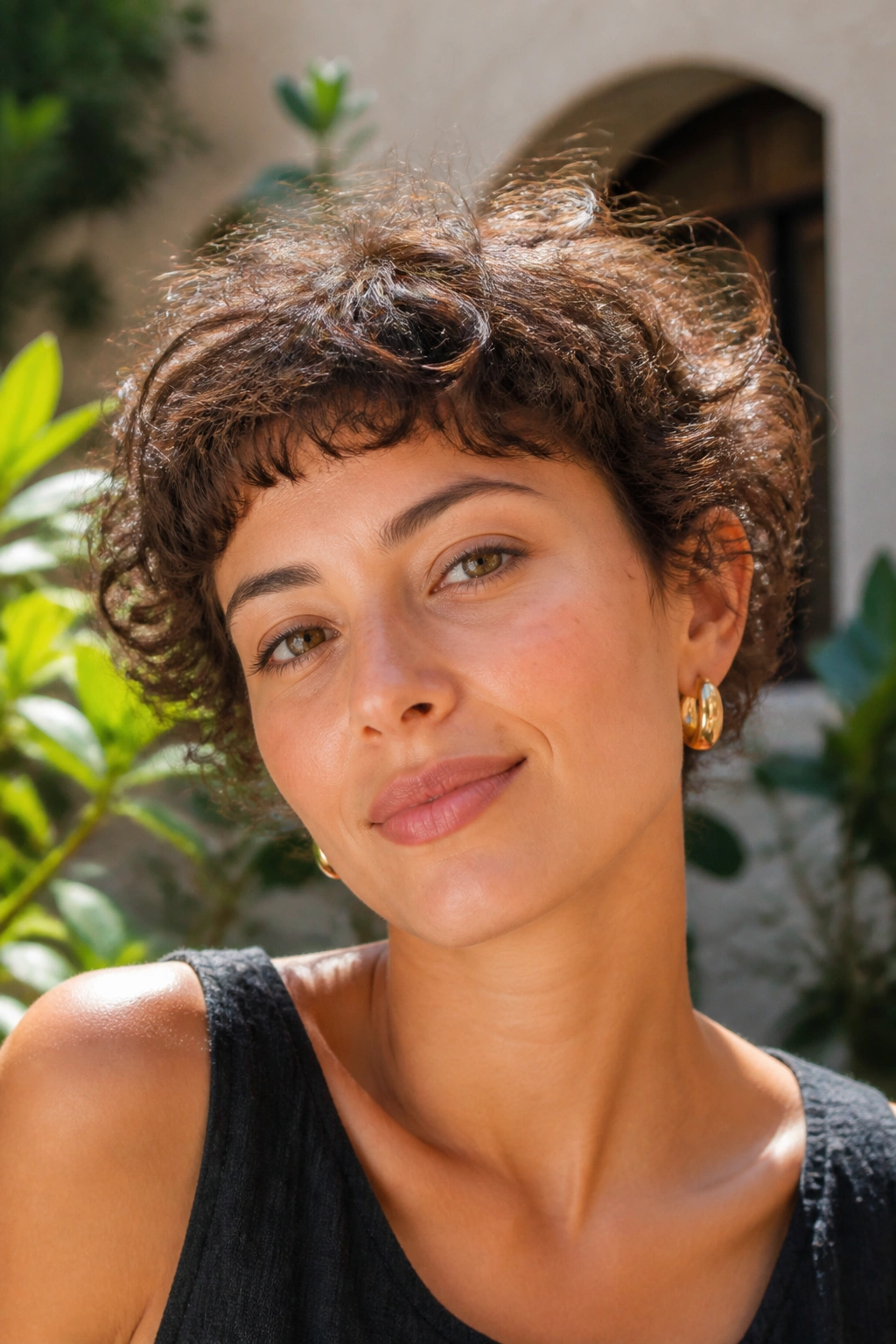 Close-up portrait of a woman with curly crop and short fringe in outdoor setting
