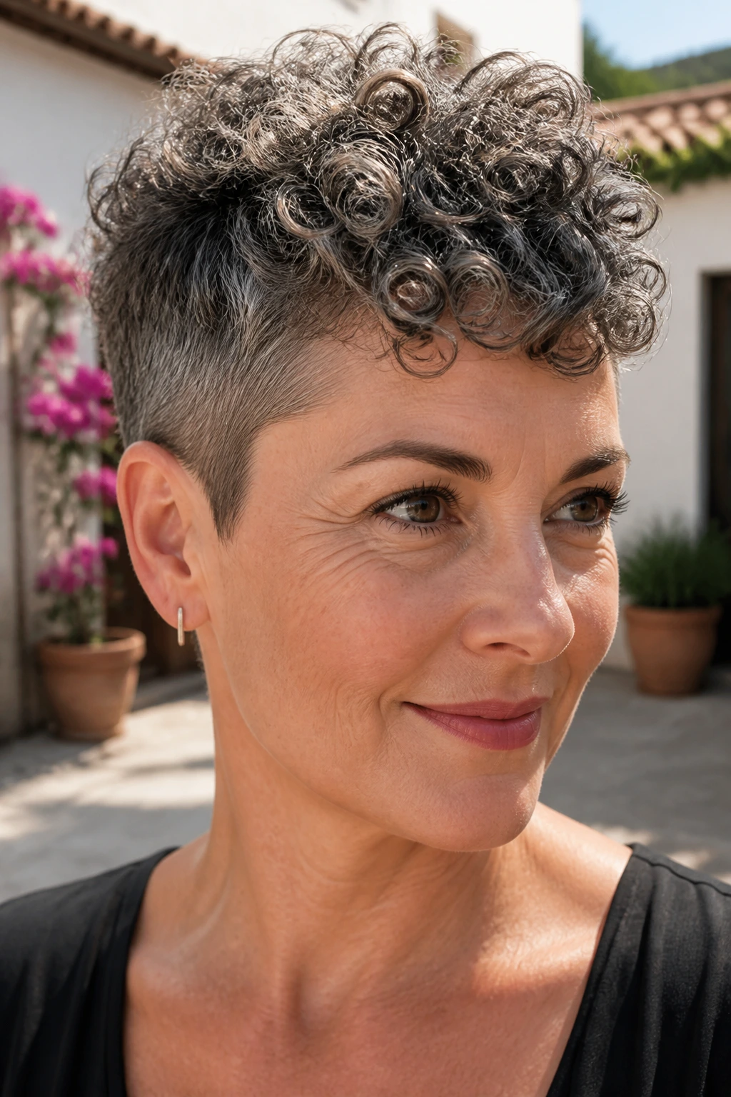 Close-up portrait of a woman with curly crop and short sides in sunlight