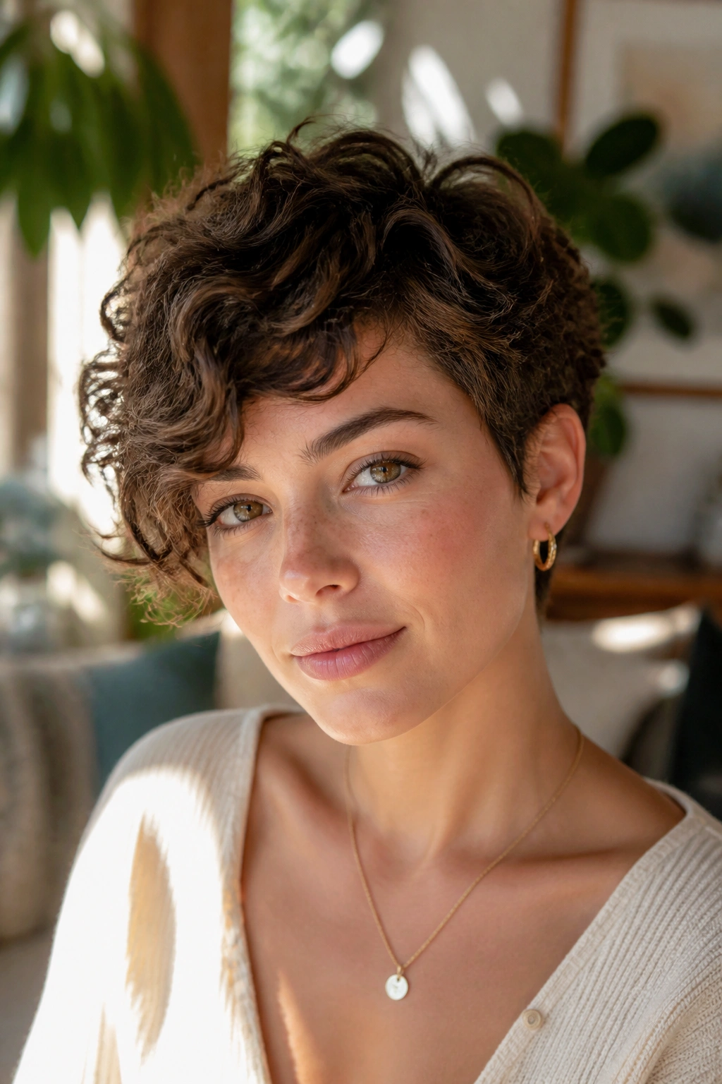 Real woman with curly crop and side fringe in natural light