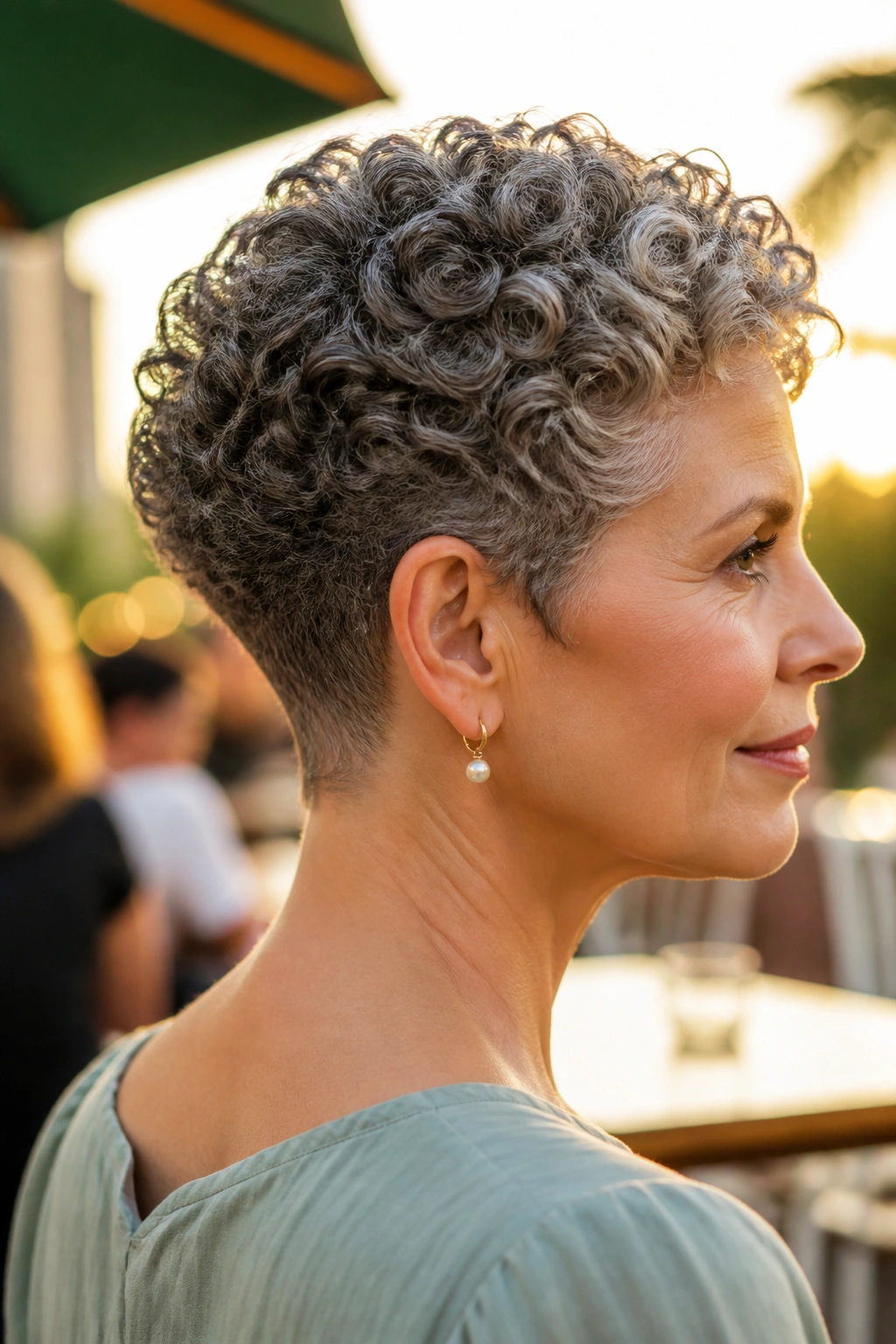 Close-up of real woman with curly crop and tapered nape in outdoor cafe light