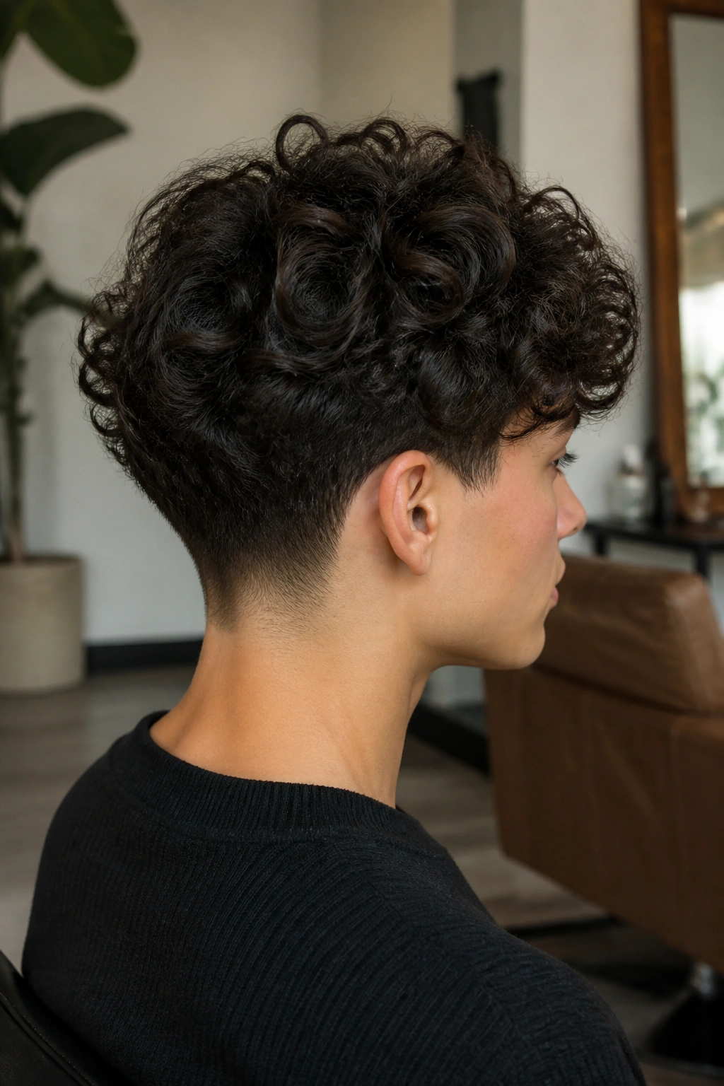 Close-up of a real person with Curly Crop with a Tapered Nape showing tapered back and springy curls