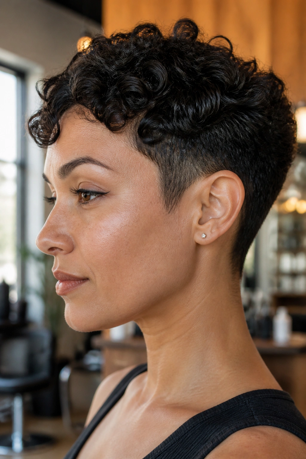Close-up of a real woman with the curly crop tapered sides, defined curls at temples and nape