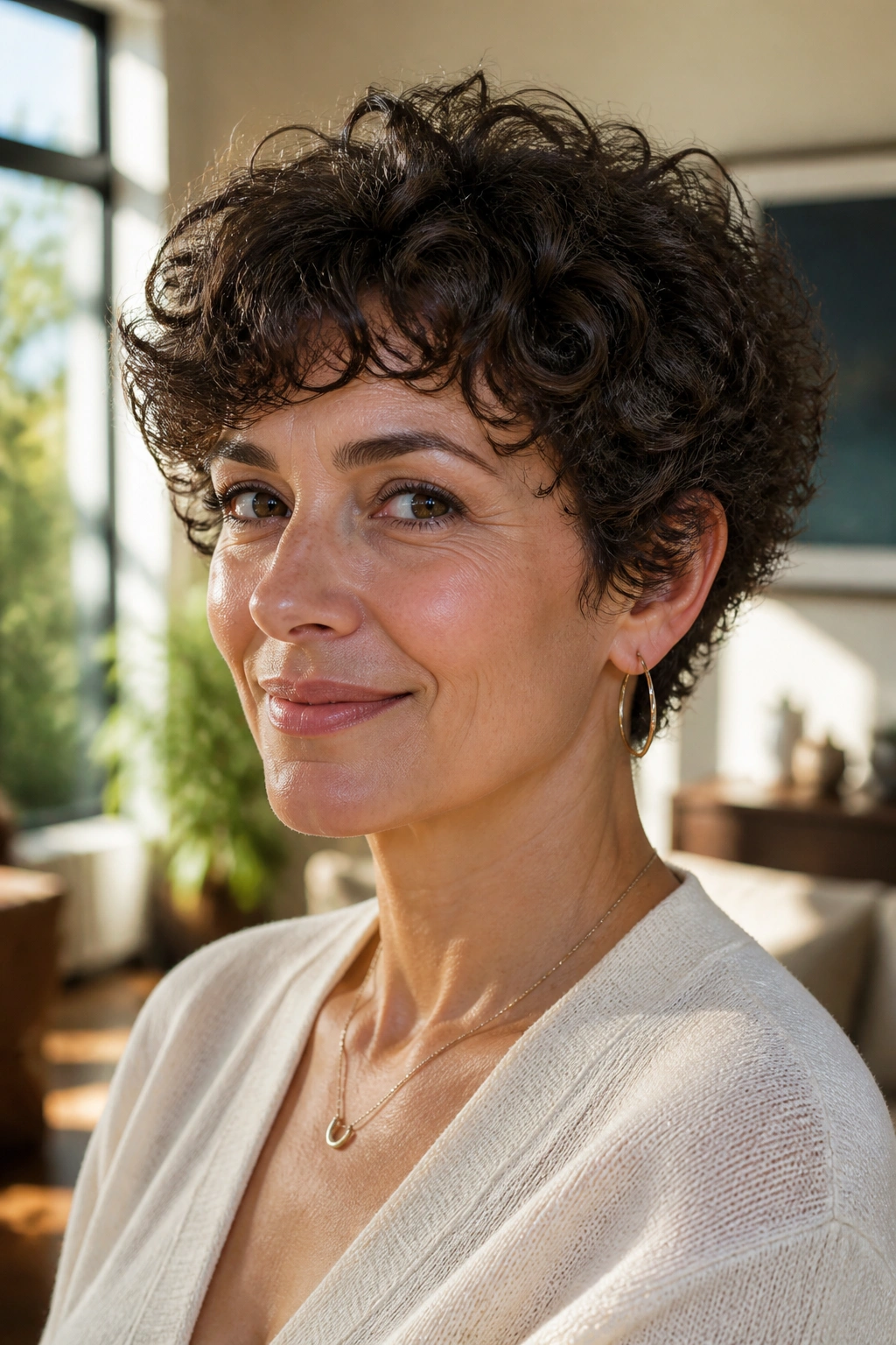 Close-up of a real woman with a curly crop hairstyle highlighting texture in natural light