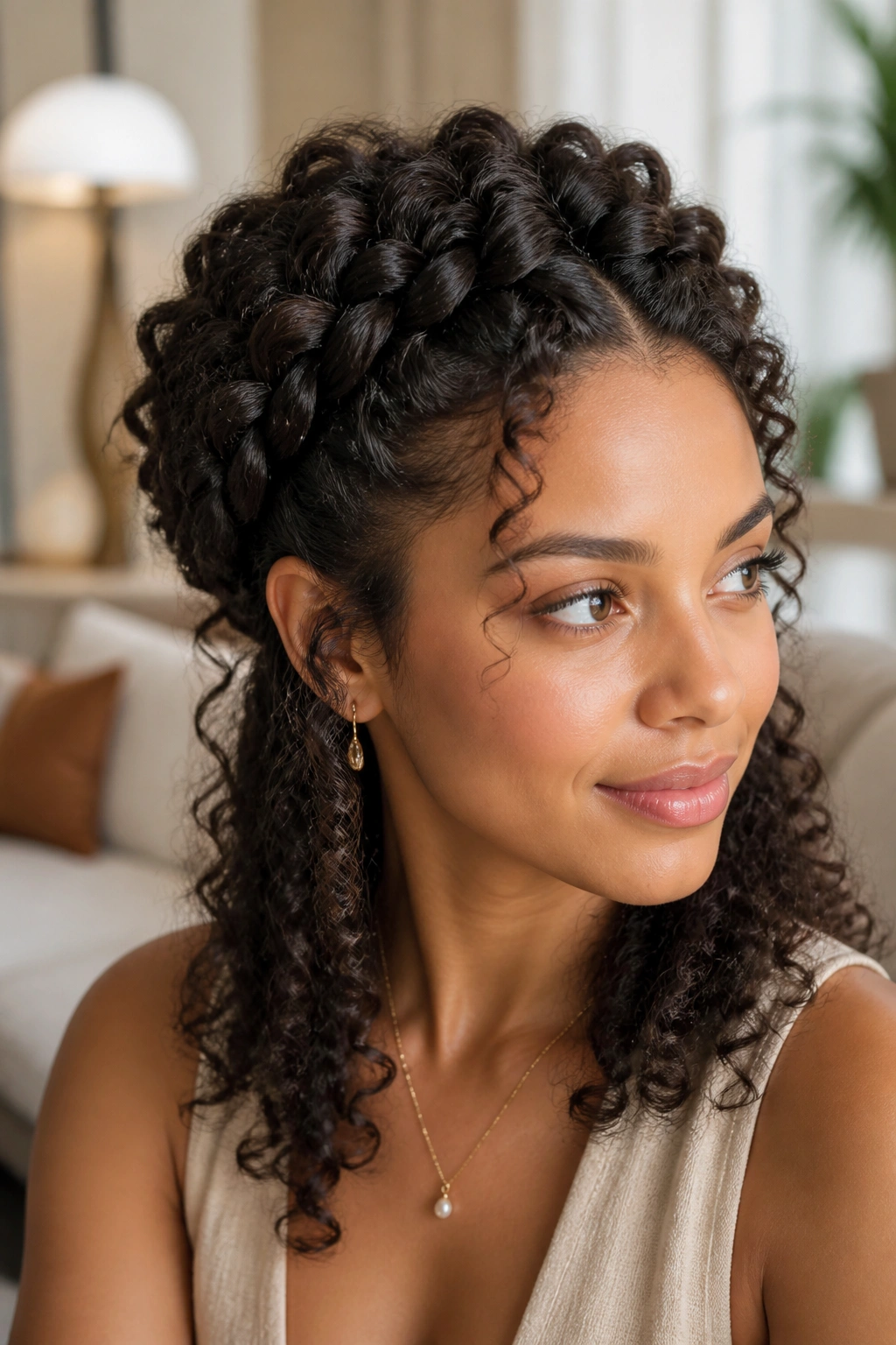 Close-up of a real woman's head with a curly hair crown braid