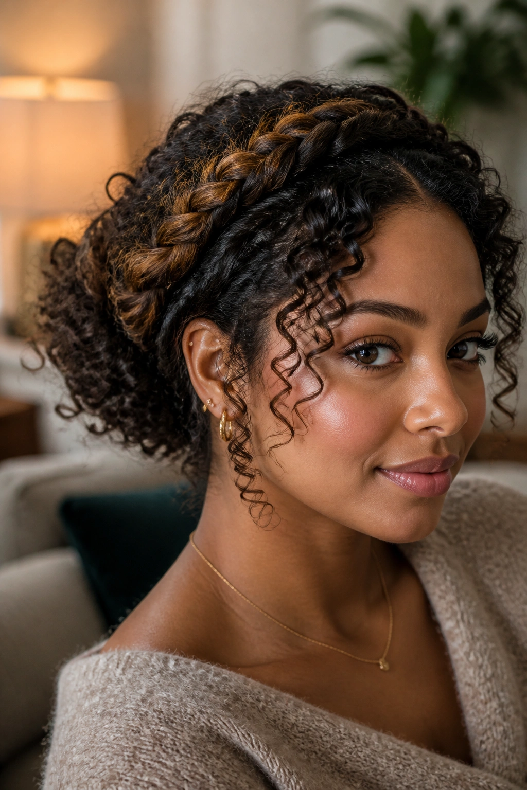 Close-up of a curly hair crown braid updo on a real woman
