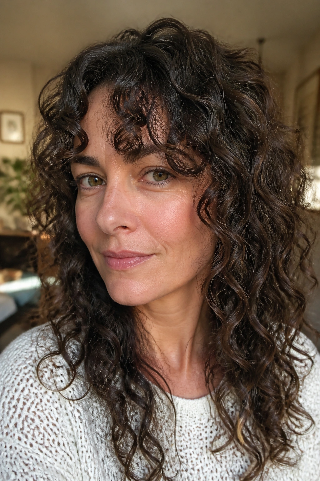 Close-up of a real woman with curly curtain bangs following curl pattern