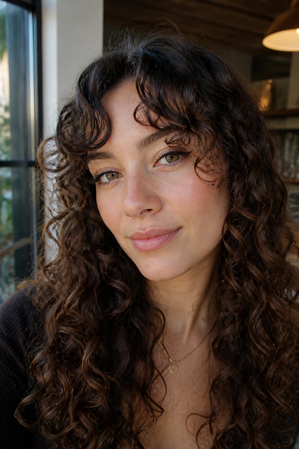 Close-up portrait of a real woman with curly curtain bangs around brow