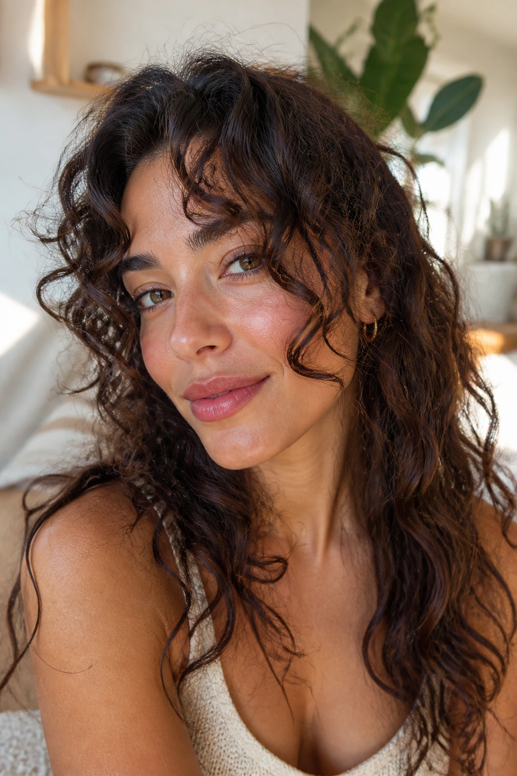 Close-up of a real woman with curly curtain bangs that bounce off her cheeks in natural light