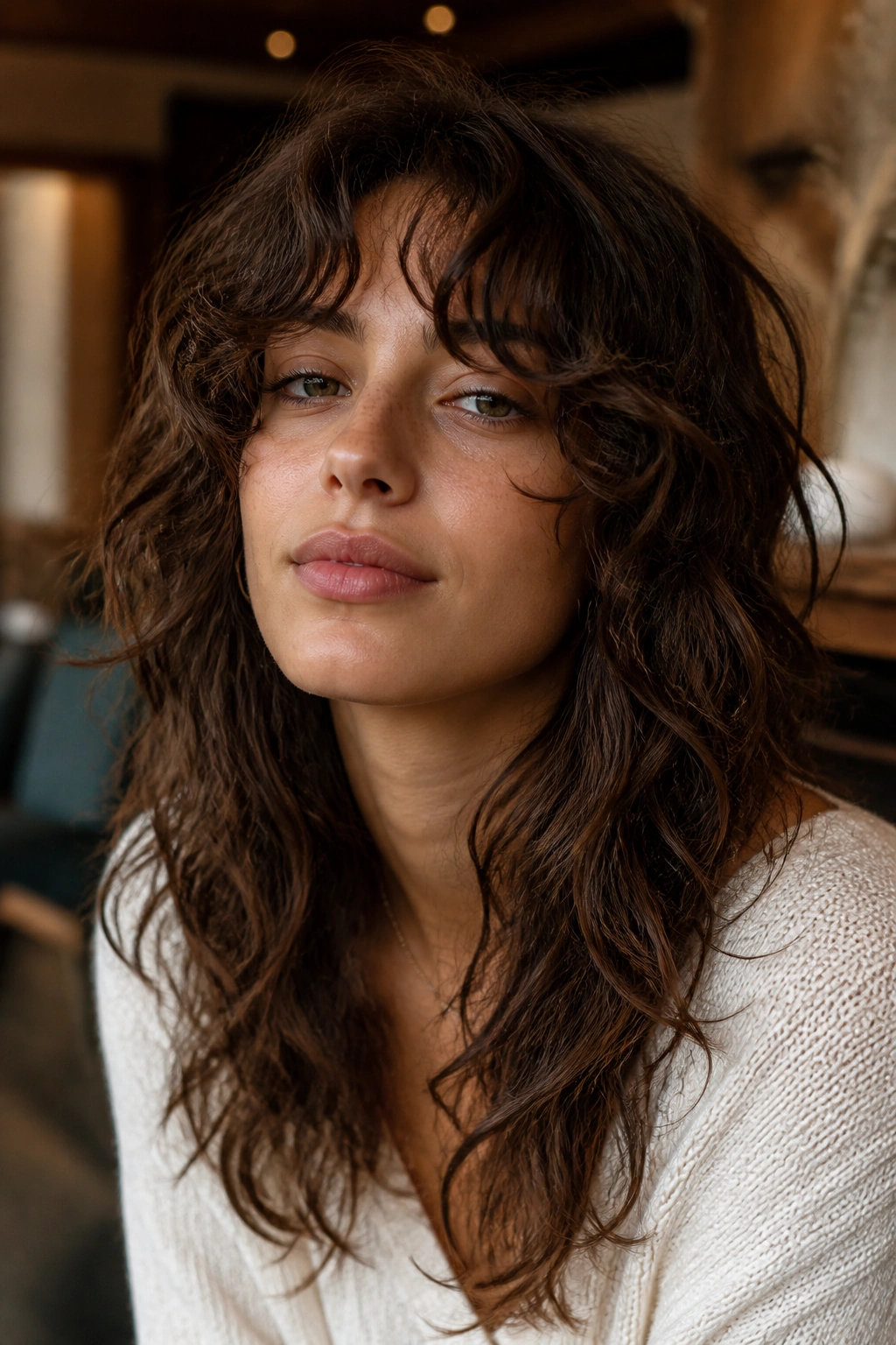 Close-up portrait of a real woman with curly curtain bangs on long shag