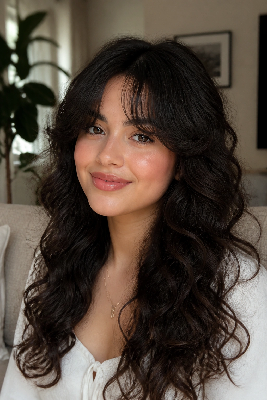 Close-up of defined curtain bangs with soft curly volume on a real person