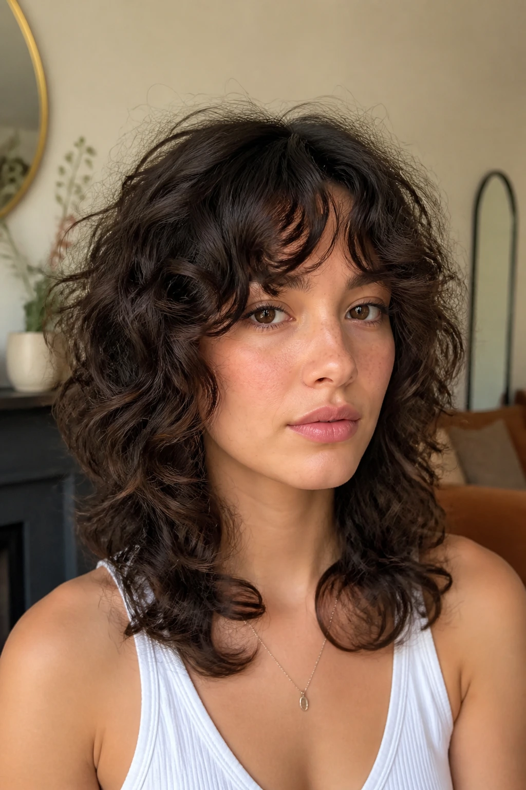 Close-up of a real person with curly curtain bangs in a wolf cut