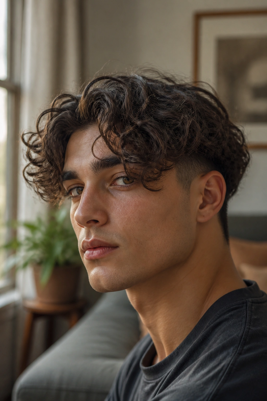 Close-up of a man with curly curtains and a low fade