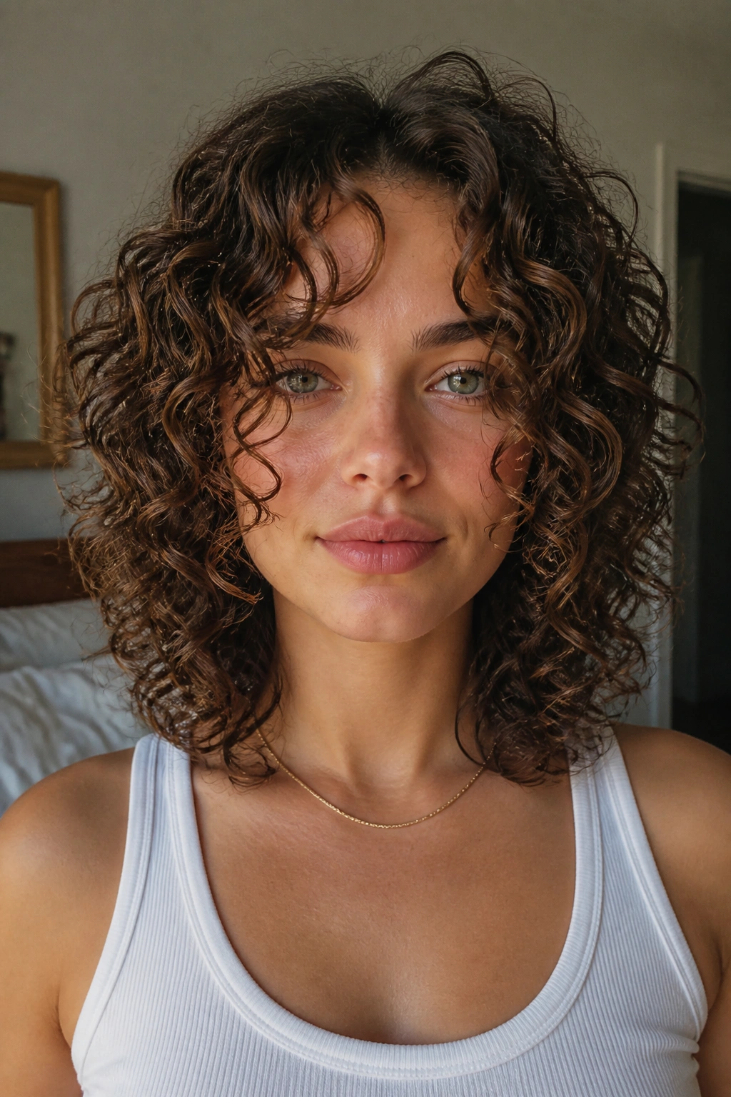 Close-up of a real person with curly front layers following the curl pattern