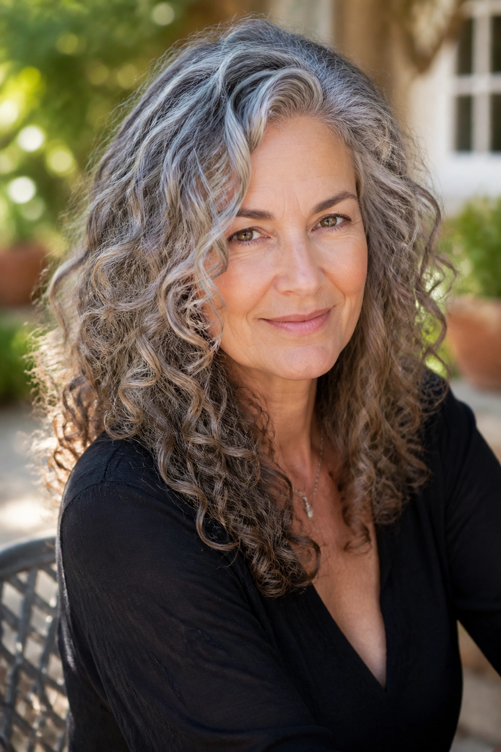 Close-up portrait of a real woman with a curly shape cut transitioning to grey hair