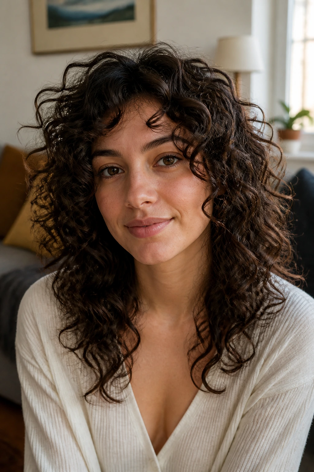 Close-up of a real woman with curly cut shaped for length showing crown height and face-framing pieces