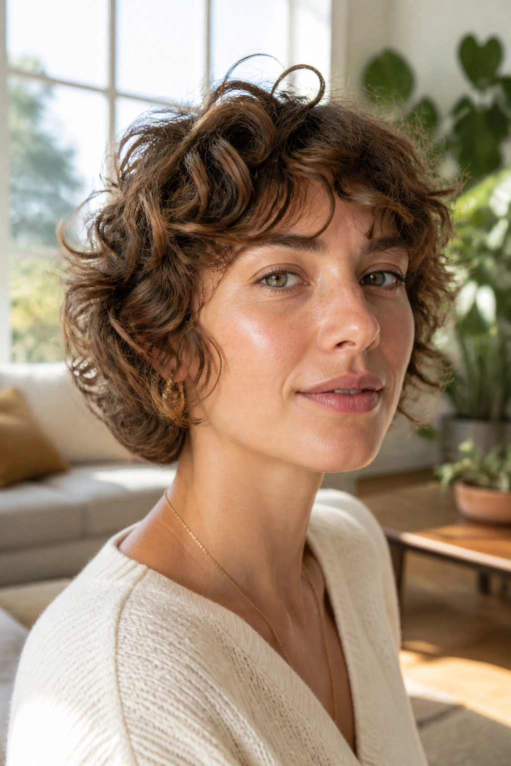 Close-up of a real woman with curly ear-length shag, curls around the ears
