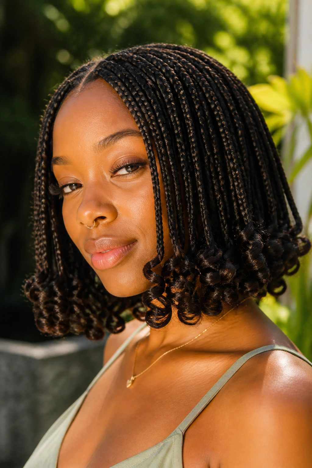 Portrait of a real woman with curly-ended box braids