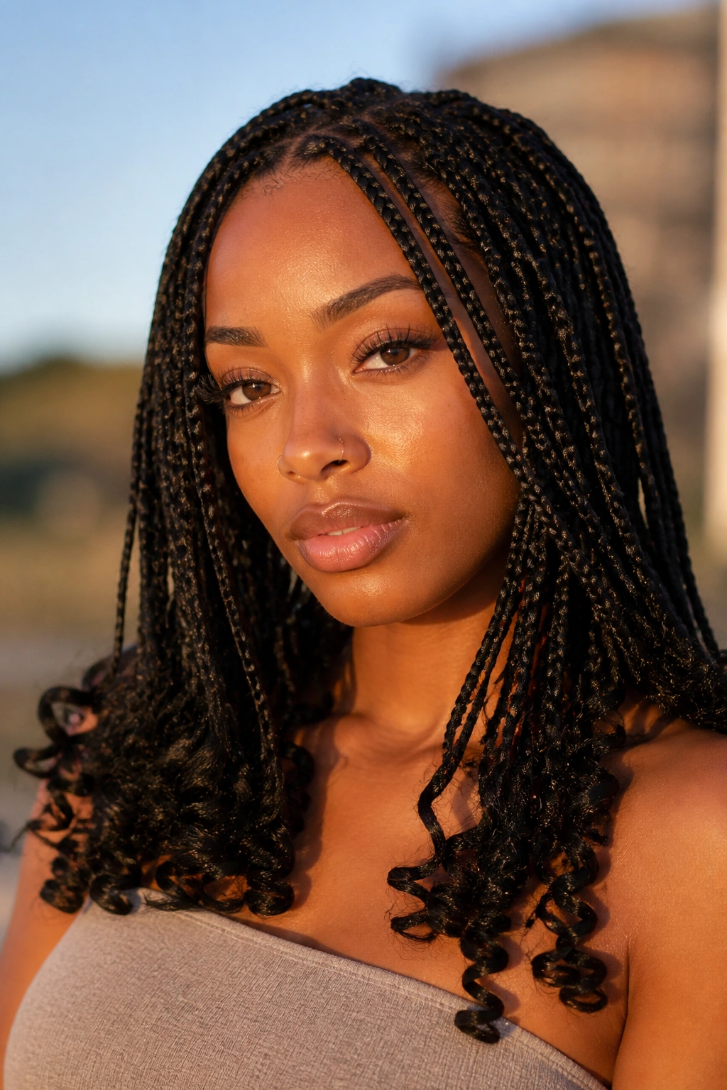 Real woman with box braids ending in curls in golden hour outdoor portrait.