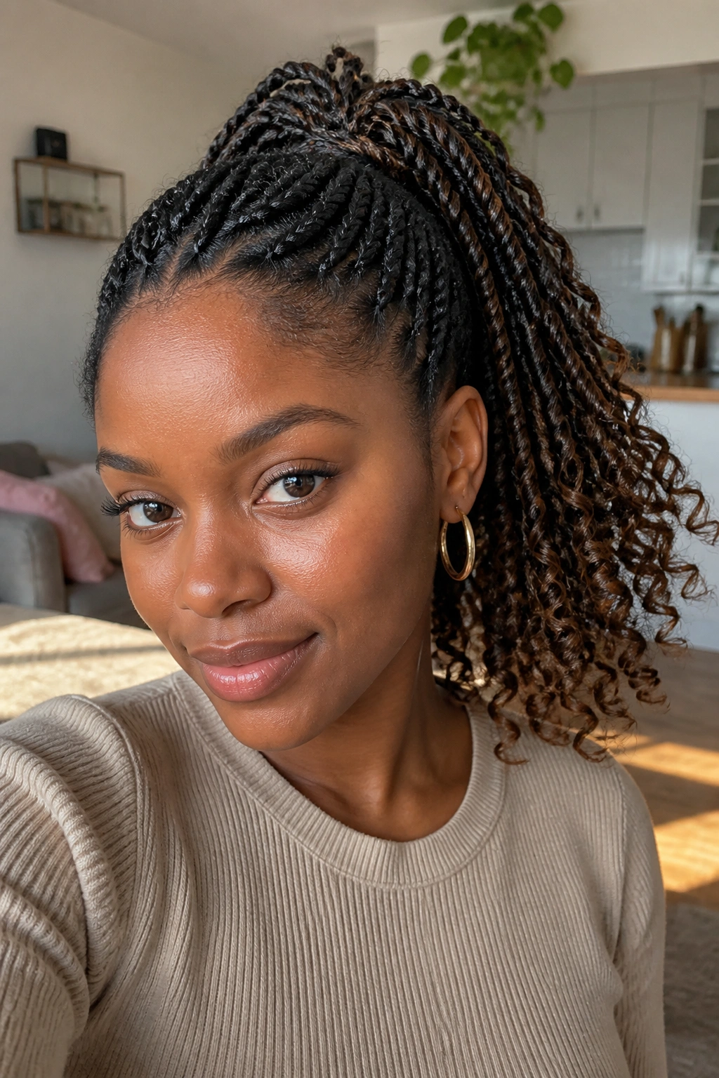 Real person with curly-ended twist ponytail showing curly ends at the ponytail