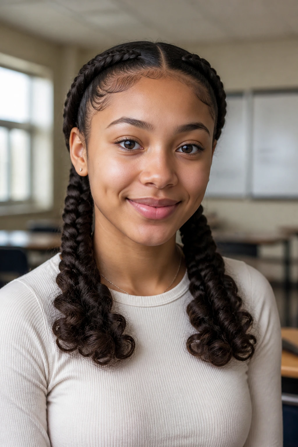 Teenage girl with curly-ended Dutch braids in a school setting.