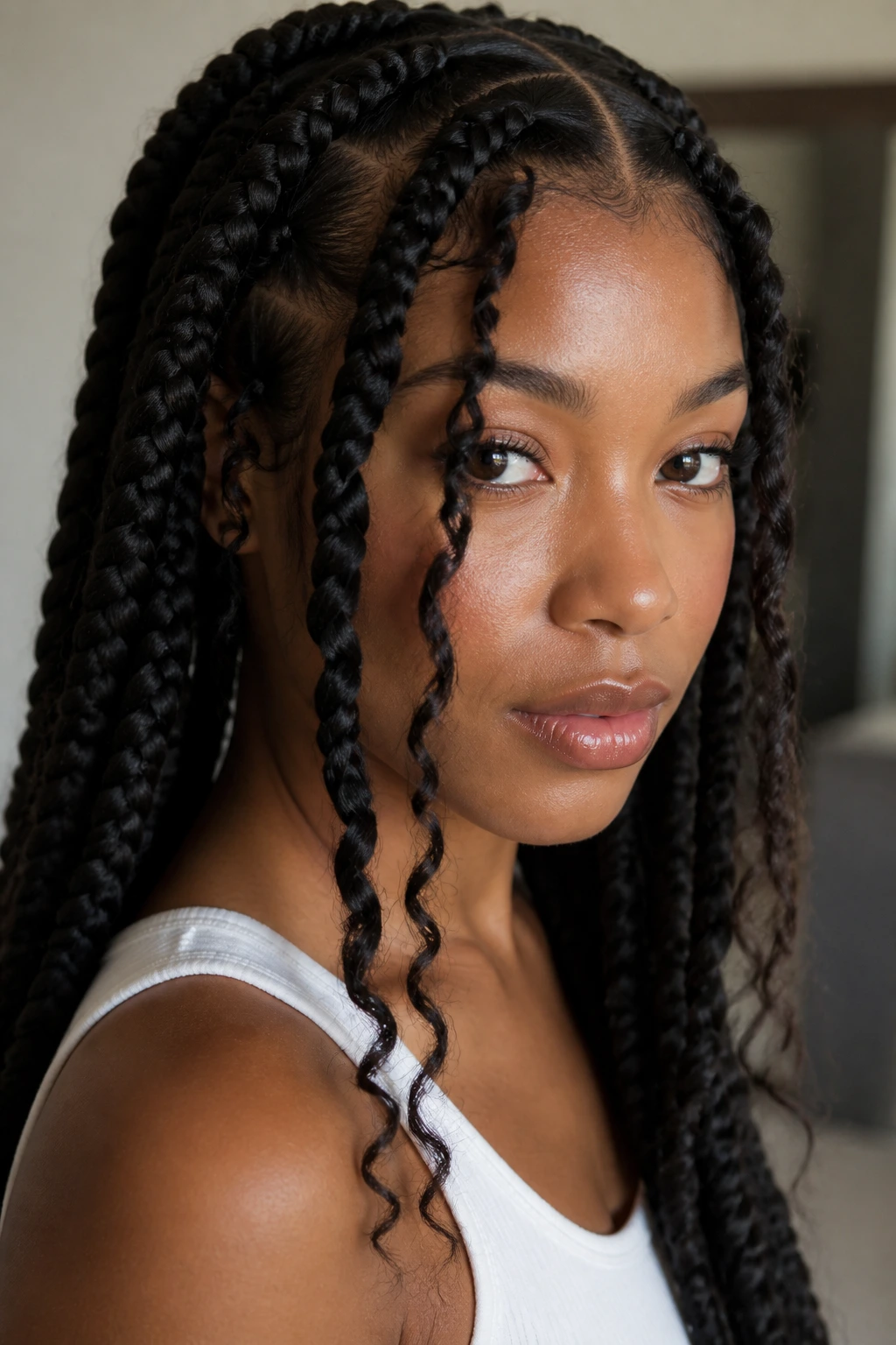 Real person with curly face-framing pieces in jumbo box braids