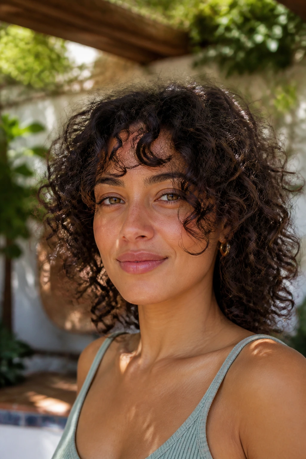 Close-up of a real person with curly face framing layers following curl pattern