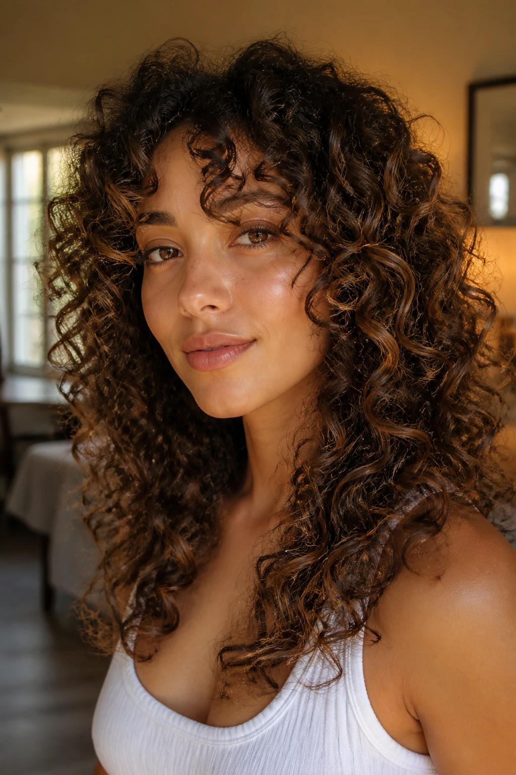 Close-up of a real woman with curly face framing layers following curl pattern