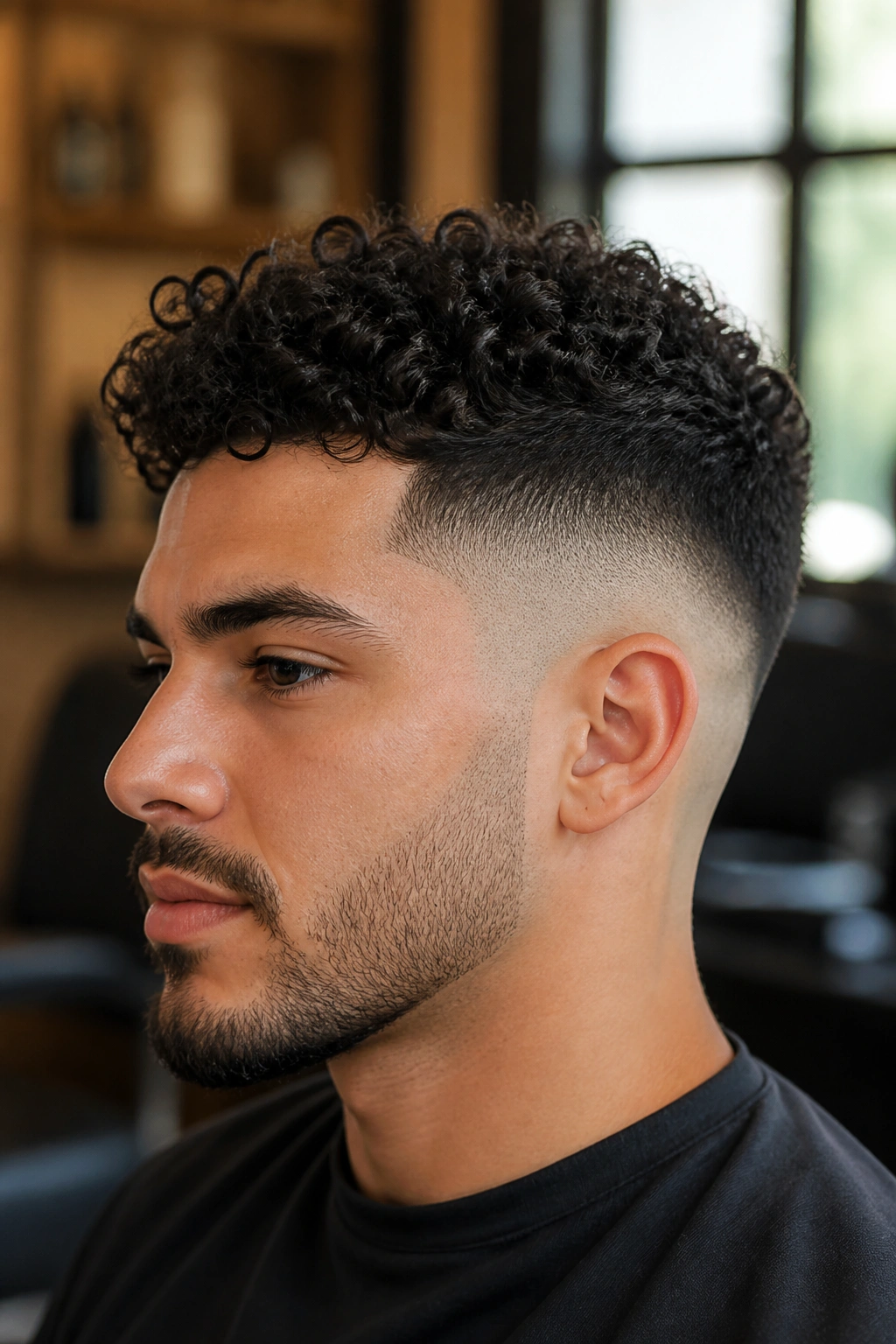 Close-up portrait of a real man with a curly fade haircut showing a skin fade on the sides and defined curls on top