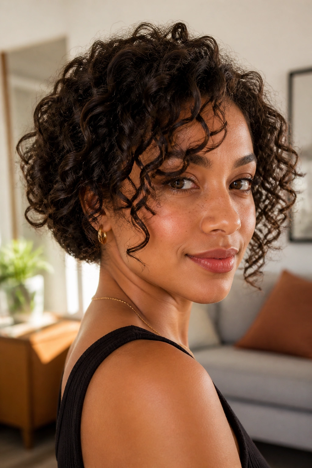 Close-up of real woman with curly faux bob natural texture