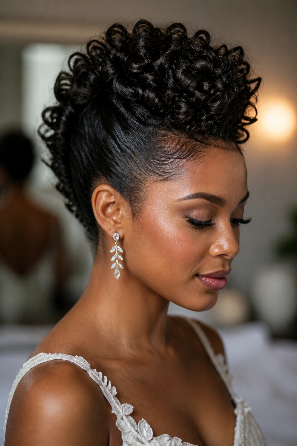Bride with a curly faux hawk hairstyle featuring a tall center curl column