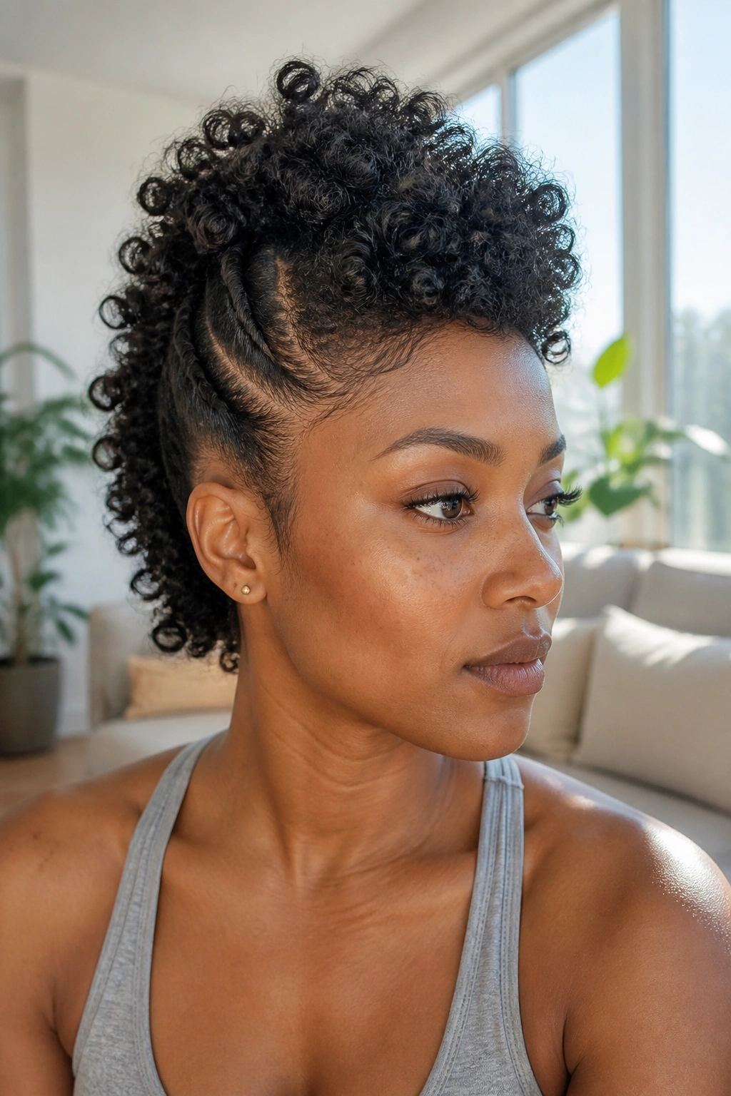 Portrait of real woman with curly faux hawk, sides pinned back, center crown full.