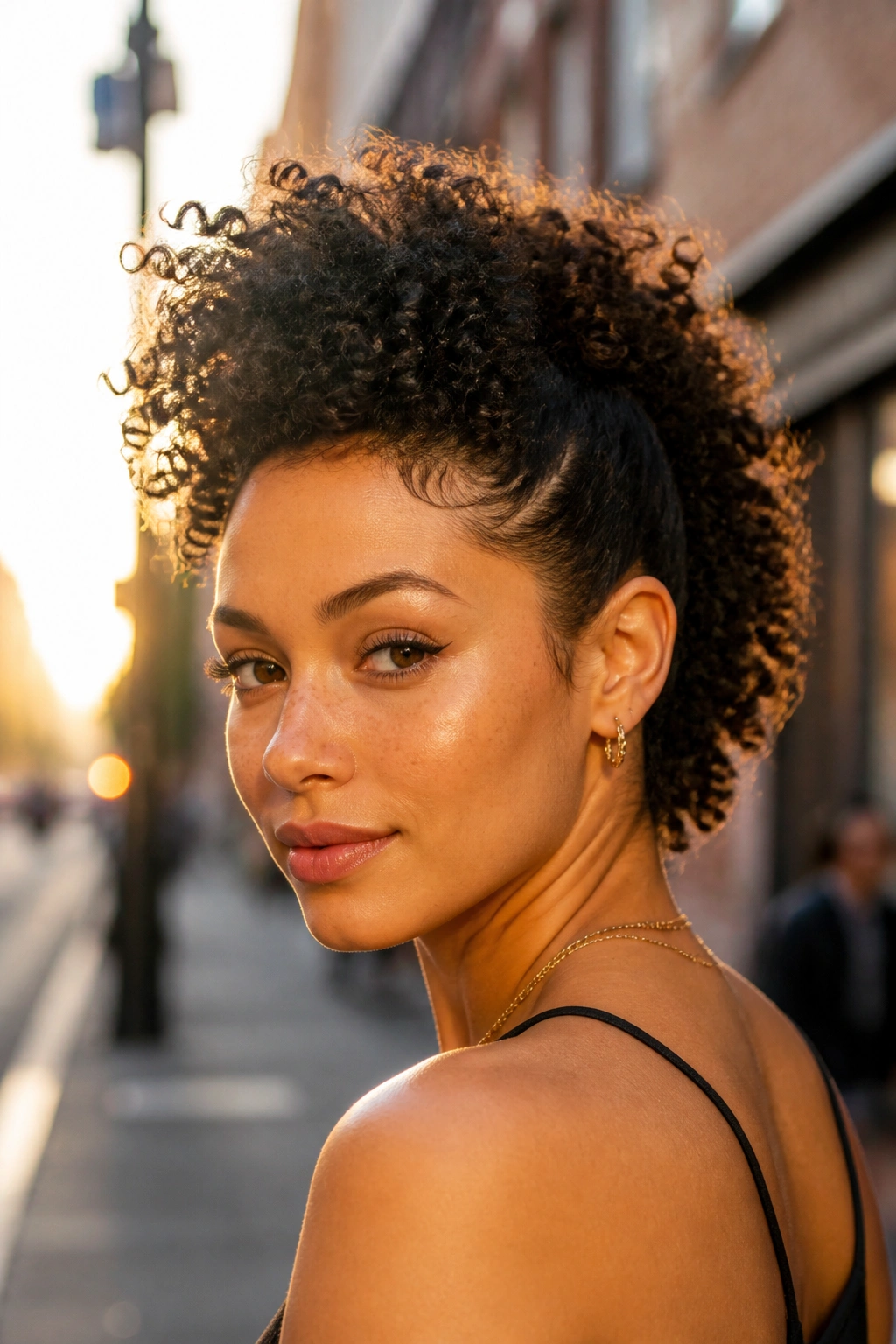 Portrait of a woman with curly faux hawk hairstyle.