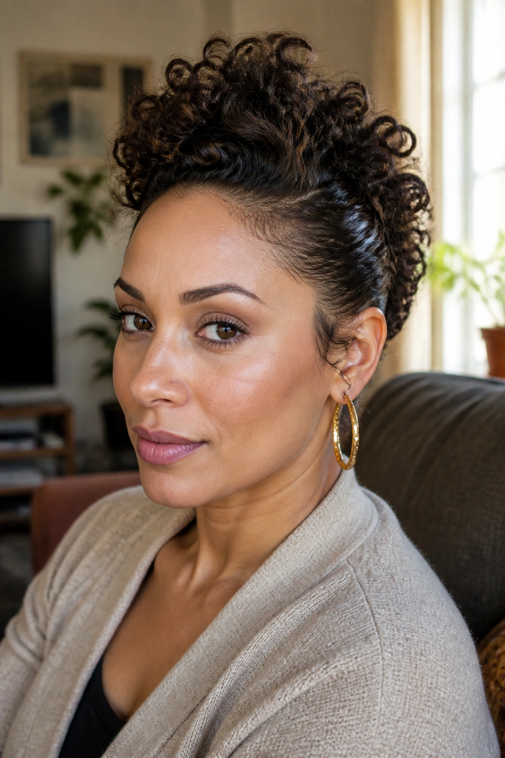 Close-up of a real woman with curly faux hawk texture-focused style