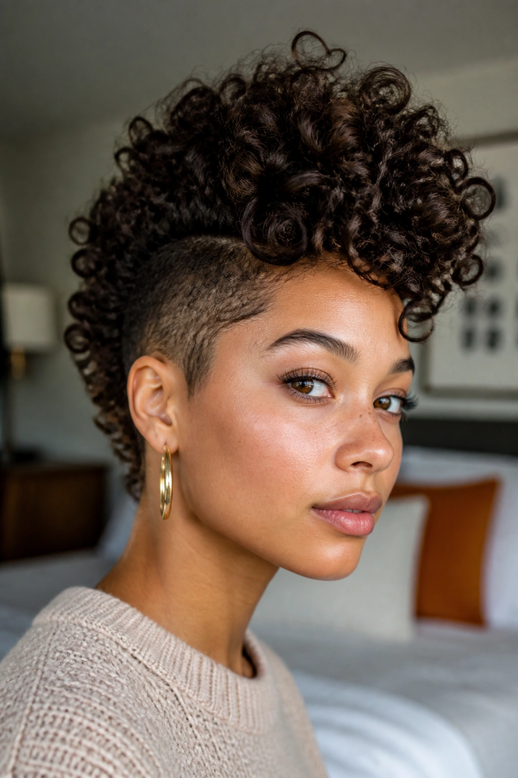 Close-up of Curly Faux Hawk on a real person with tall center ridge and pinned sides