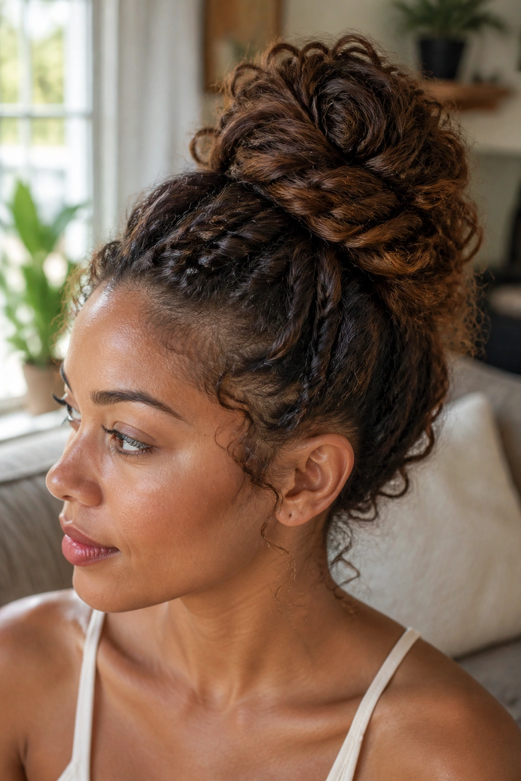 Close-up of a real woman with curly fishtail bun showing textured curls