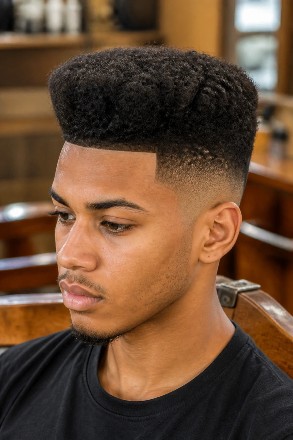 Close-up of a man with a curly flat top hairstyle and tapered sides.