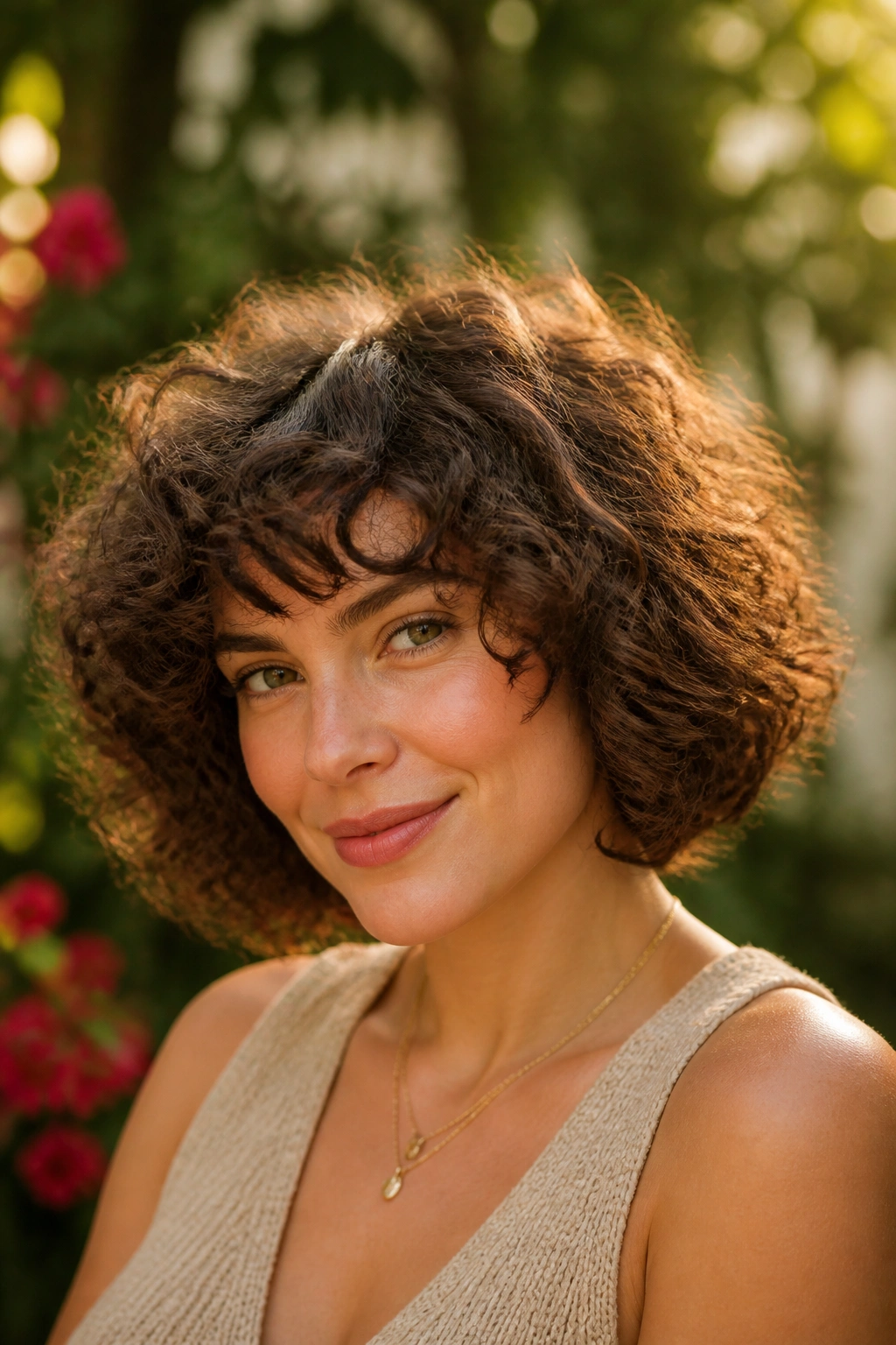 Close-up of a real woman with curly fluffy bob in a sunlit garden